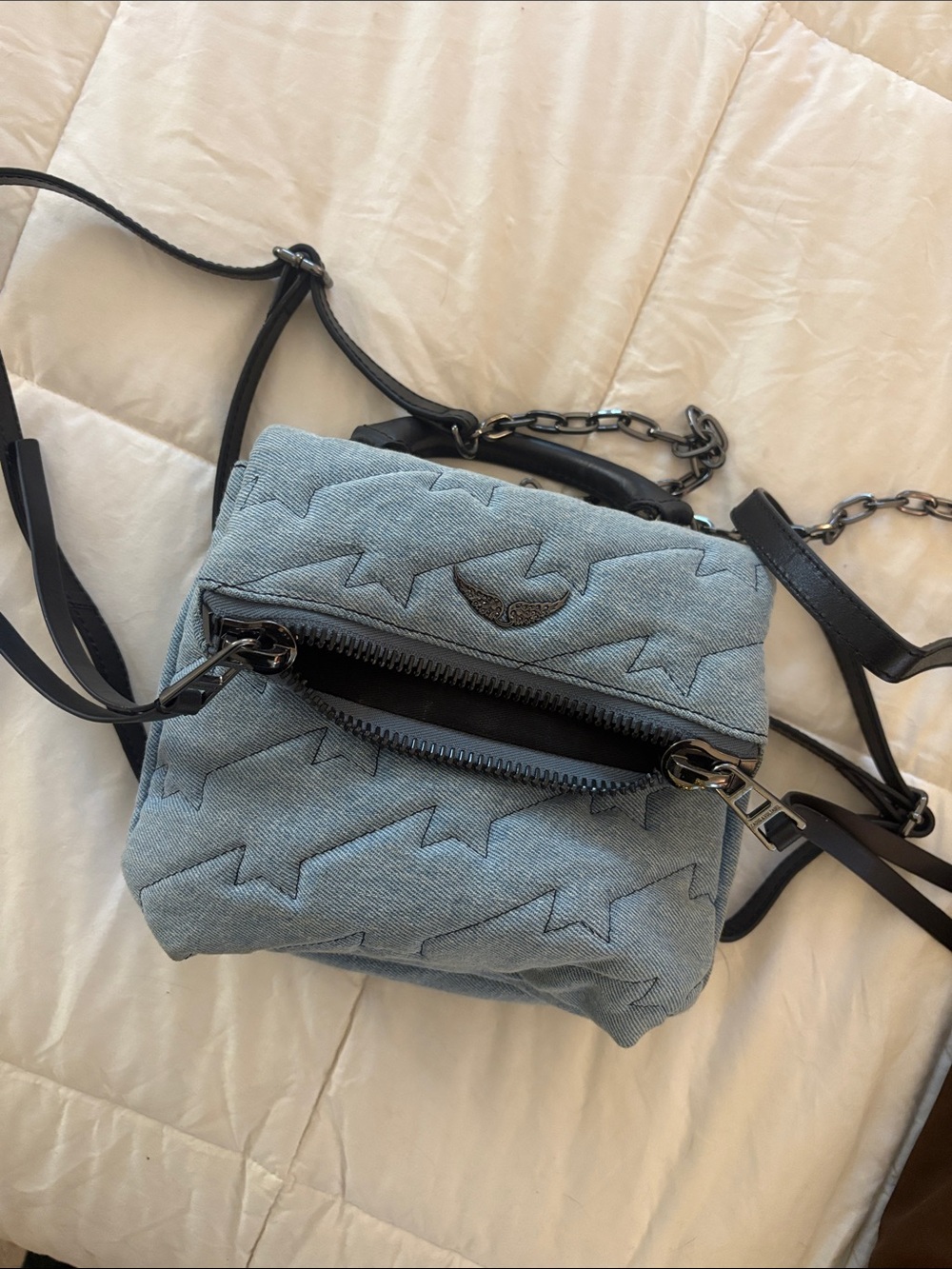 Quilted Star Denim Crossbody Bag - Light Blue